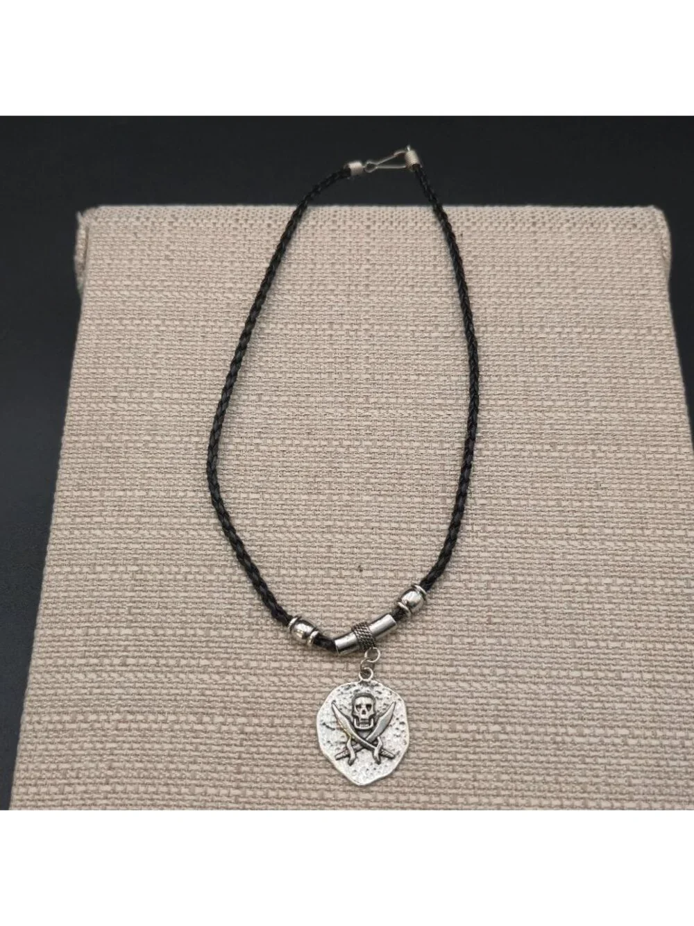 18 Inch Pirate Coin Skull Necklace, Braided Leather Cord, Gift for Men B1451